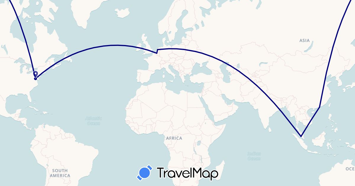 TravelMap itinerary: driving in Belgium, China, Malaysia, Netherlands, United States (Asia, Europe, North America)