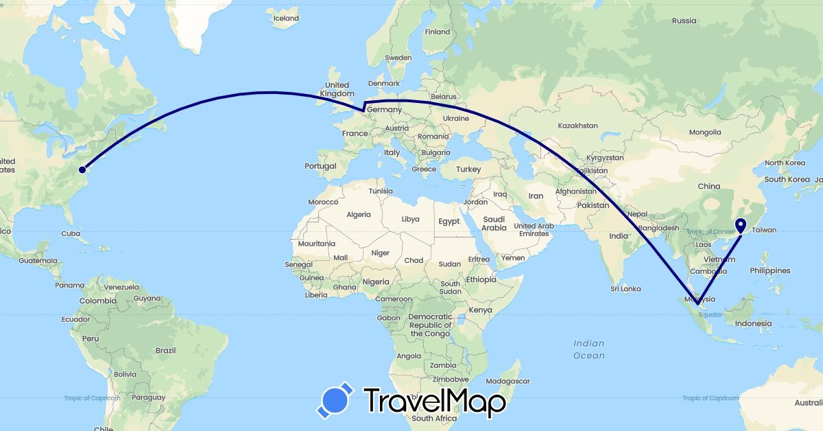 TravelMap itinerary: driving in Belgium, China, Malaysia, Netherlands, United States (Asia, Europe, North America)
